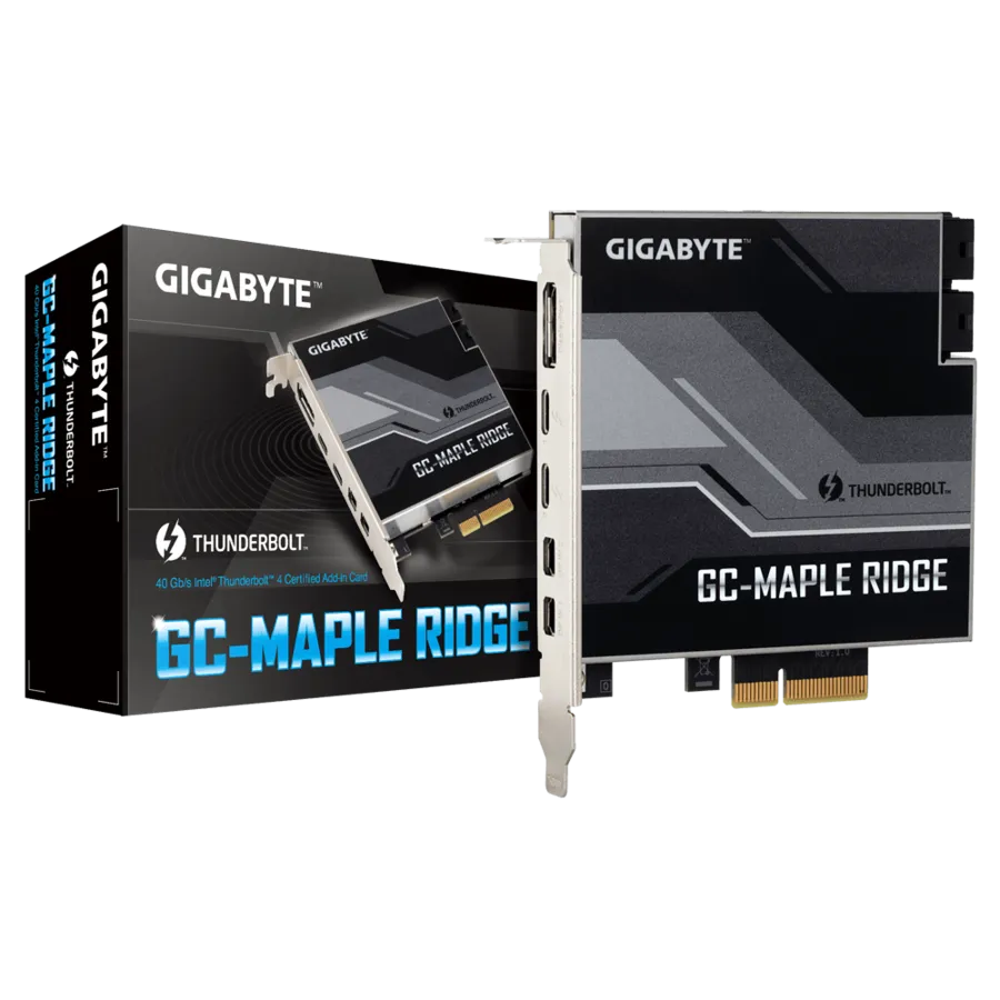 Gigabyte GC-Maple Ridge graphics card with packaging on a white background