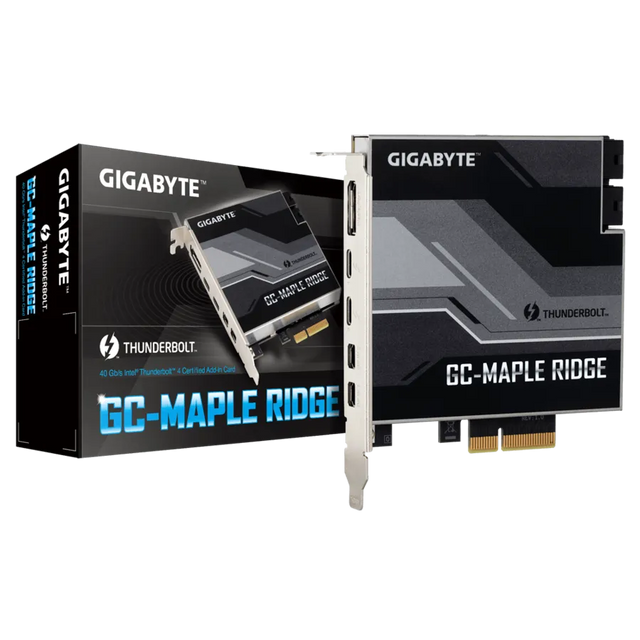 Gigabyte GC-Maple Ridge graphics card with packaging on a white background