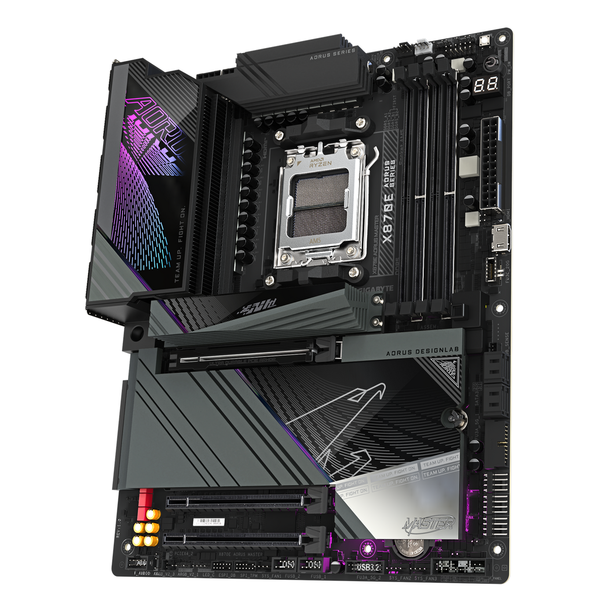 لوحة أم GIGABYTE X870E AORUS MASTER - تدعم وحدة المعالجة المركزية AMD Ryzen 9000، ووحدة تنظيم الجهد الرقمية 16+2+2 طور، وذاكرة DDR5 (OC) بسرعة تصل إلى 8600 ميجاهرتز، و3 منافذ PCIe 5.0، وشبكة Wi-Fi 7، ومنفذ USB 4