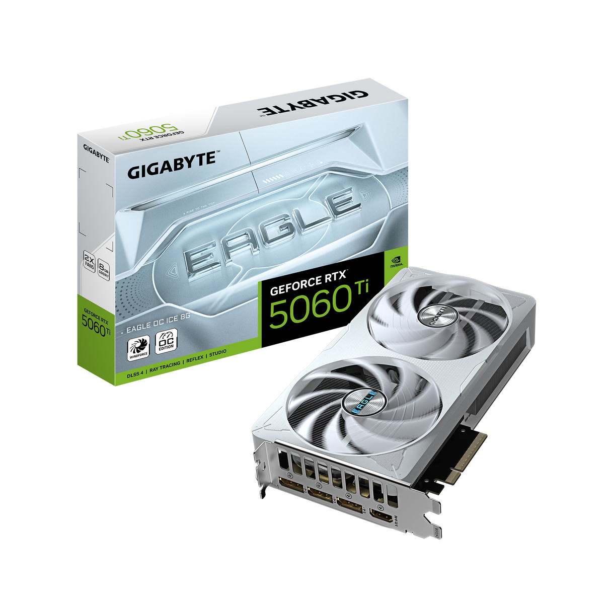 GIGABYTE GeForce RTX 5060 Ti EAGLE OC ICE 8G – 8GB GDDR7, PCIe 5.0, 3x DP 2.1b, 1x HDMI 2.1b.