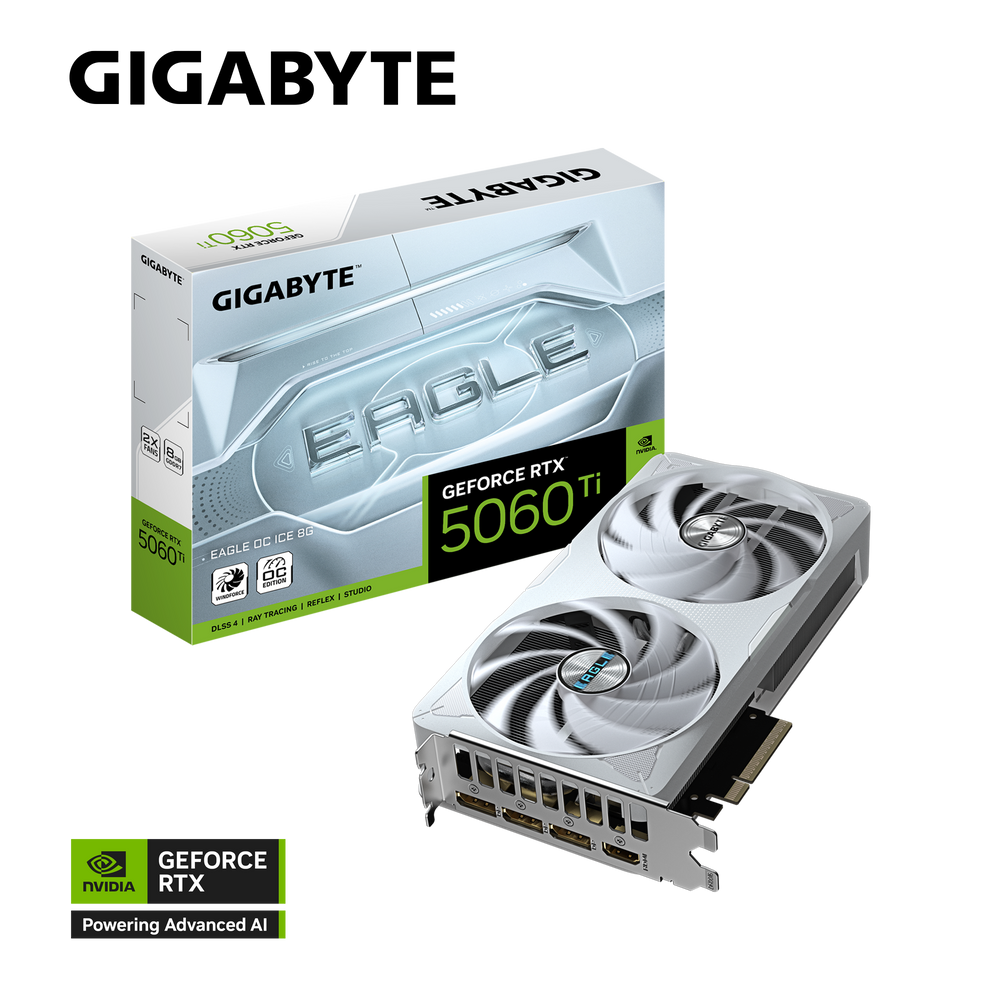 GIGABYTE GeForce RTX 5060 Ti EAGLE OC ICE 8G – 8GB GDDR7, PCIe 5.0, 3x DP 2.1b, 1x HDMI 2.1b.
