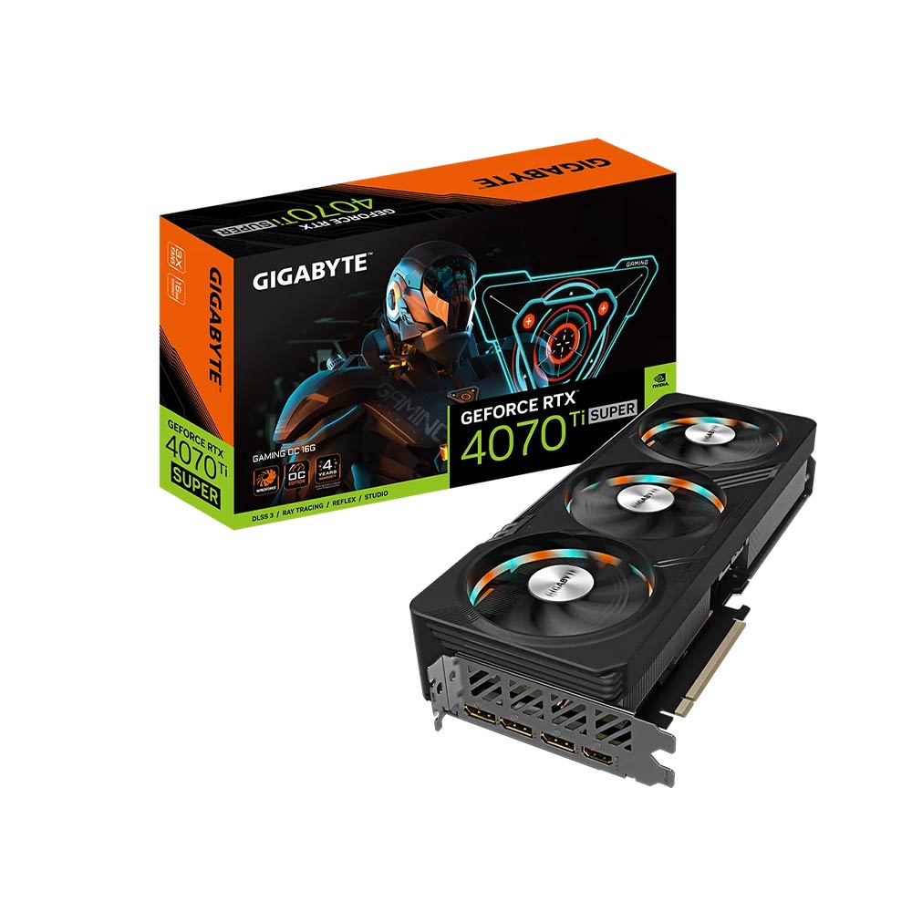 Packaging box for Gigabyte GeForce RTX 4070 Ti Super Gaming OC 16G Graphic Card with the product image and details on it.