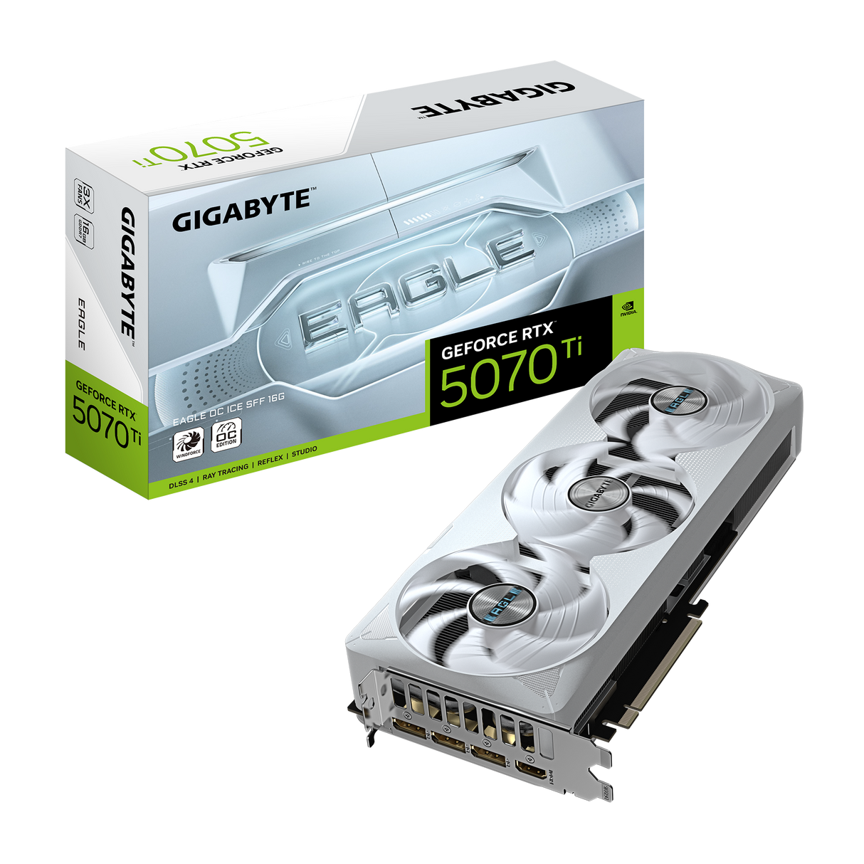 مميزات بطاقة Gigabyte GeForce RTX™ 5070 Ti EAGLE OC ICE SFF 16G، ذاكرة GDDR7 سعة 16 جيجابايت، PCI-E 5.0، دقة 7680 × 4320
