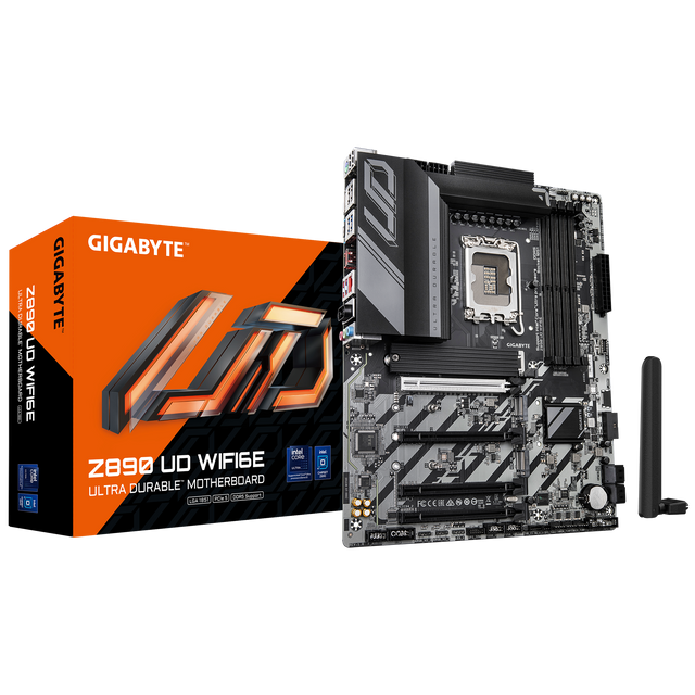Gigabyte Z890 UD WIFI6E motherboard with packaging on a white background