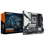 Gigabyte Z390M Gaming X motherboard with packaging on a white background