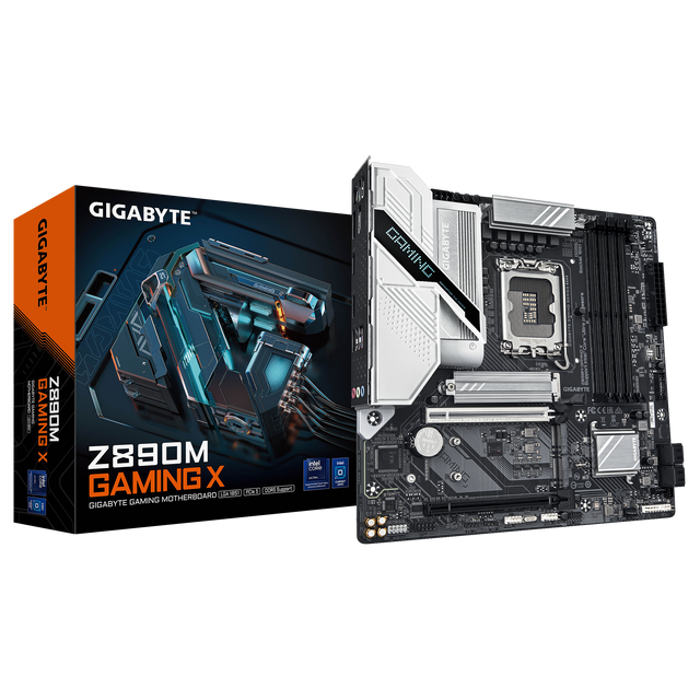 Gigabyte Z390M Gaming X motherboard with packaging on a white background