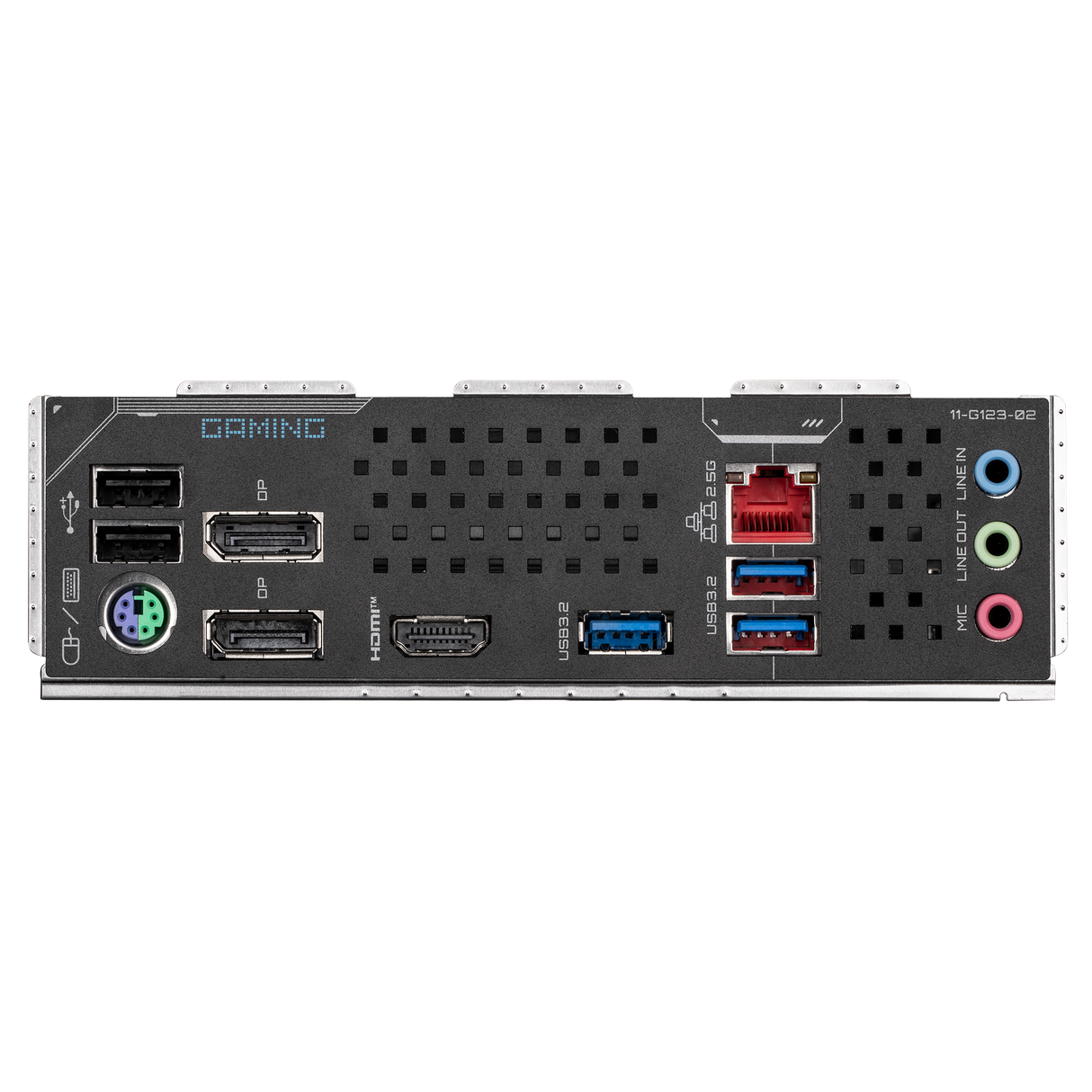 Back view of a computer motherboard with various ports on a white background