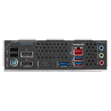 Back view of a computer motherboard with various ports on a white background
