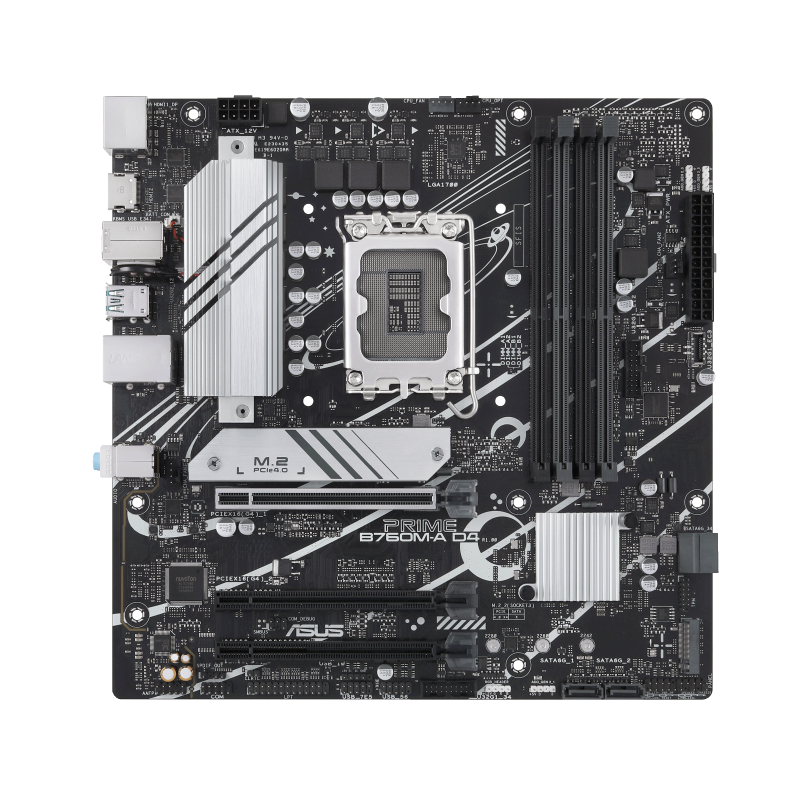 اللوحة الأم ASUS PRIME B760M-A D4 Intel B760 LGA 1700 mATX، وفتحتي PCIe 4.0 M.2، وRealtek 2.5Gb Ethernet، وDisplayPort، ومنفذ HDMI SATA مزدوج بسرعة 6 جيجابت في الثانية، ومنفذ USB 3.2 Gen 2 خلفي، ومنفذ USB 3.2 Gen 1 Type-C أمامي بتقنية Aura Sync