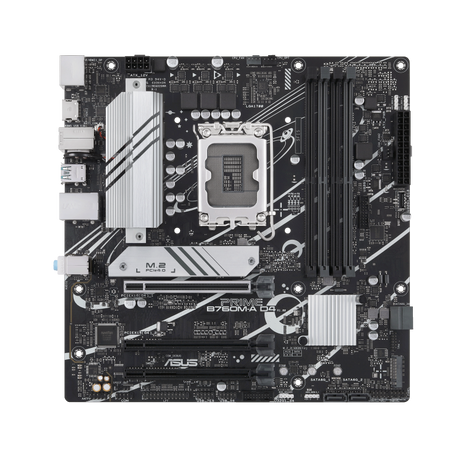 اللوحة الأم ASUS PRIME B760M-A D4 Intel B760 LGA 1700 mATX، وفتحتي PCIe 4.0 M.2، وRealtek 2.5Gb Ethernet، وDisplayPort، ومنفذ HDMI SATA مزدوج بسرعة 6 جيجابت في الثانية، ومنفذ USB 3.2 Gen 2 خلفي، ومنفذ USB 3.2 Gen 1 Type-C أمامي بتقنية Aura Sync
