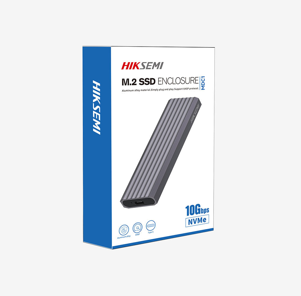 HIKSEMI M.2 SSD enclosure packaging on a white background