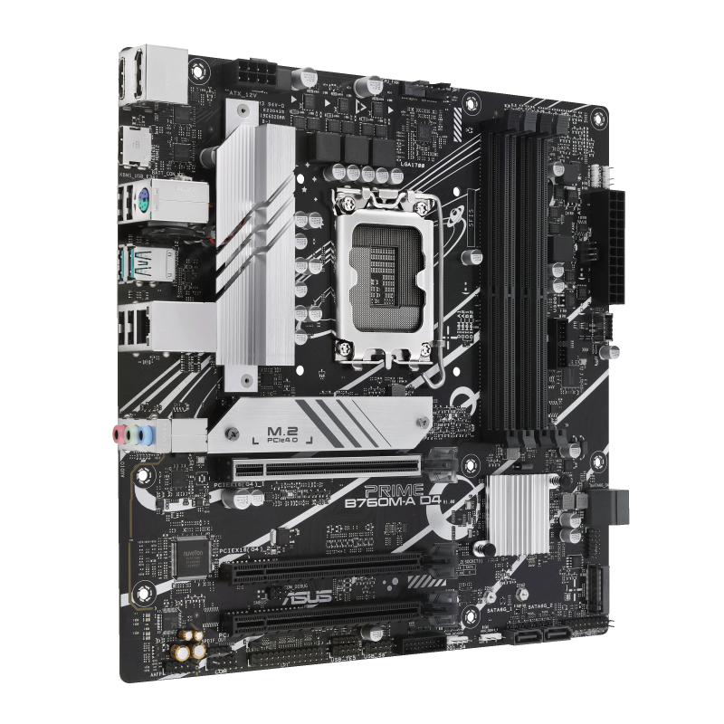 اللوحة الأم ASUS PRIME B760M-A D4 Intel B760 LGA 1700 mATX، وفتحتي PCIe 4.0 M.2، وRealtek 2.5Gb Ethernet، وDisplayPort، ومنفذ HDMI SATA مزدوج بسرعة 6 جيجابت في الثانية، ومنفذ USB 3.2 Gen 2 خلفي، ومنفذ USB 3.2 Gen 1 Type-C أمامي بتقنية Aura Sync