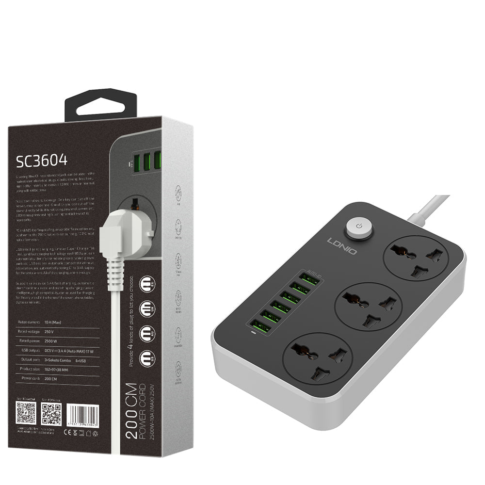 LDNIO SC3604 Power Strip 6 USB Ports With 3 AC Sockets