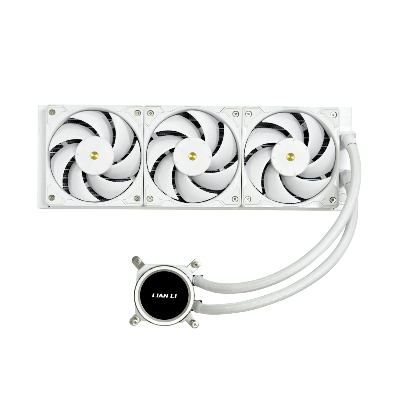 Computer cooling system with three fans and a LIAN LI logo on a white background