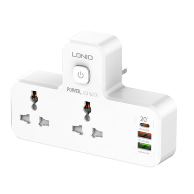 WhiteLonio power adapter with multiple sockets and USB ports on a white background