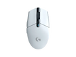 White gaming mouse with a visible brand logo on a white background
