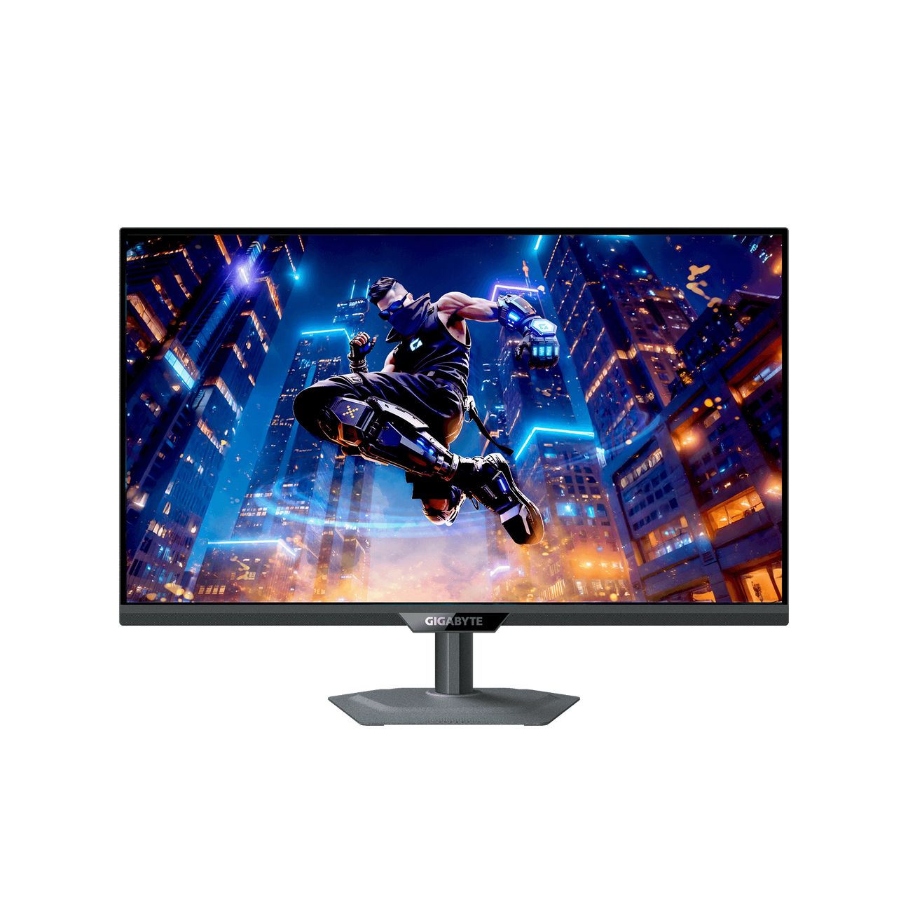 Gaming monitor with a superhero graphic on a white background