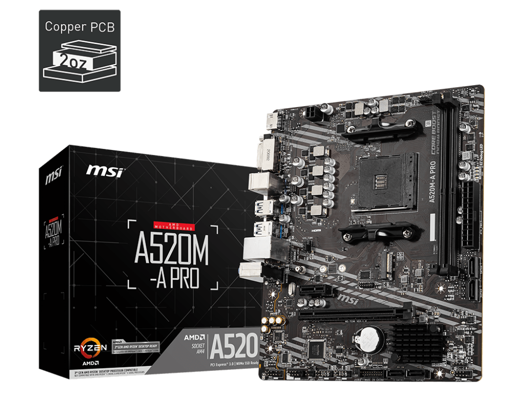 MSI A520M-A PRO motherboard with packaging on a white background
