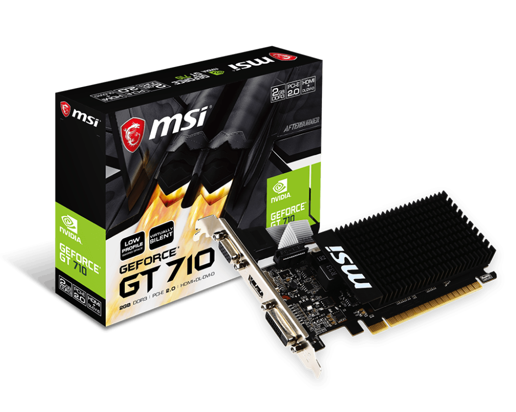 MSI GeForce GT 710 graphics card with packaging on a white background