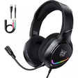 Black gaming headset with RGB lighting, USB cable, and audio adapter on a white background