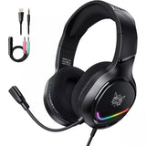 Black gaming headset with RGB lighting, USB cable, and audio adapter on a white background