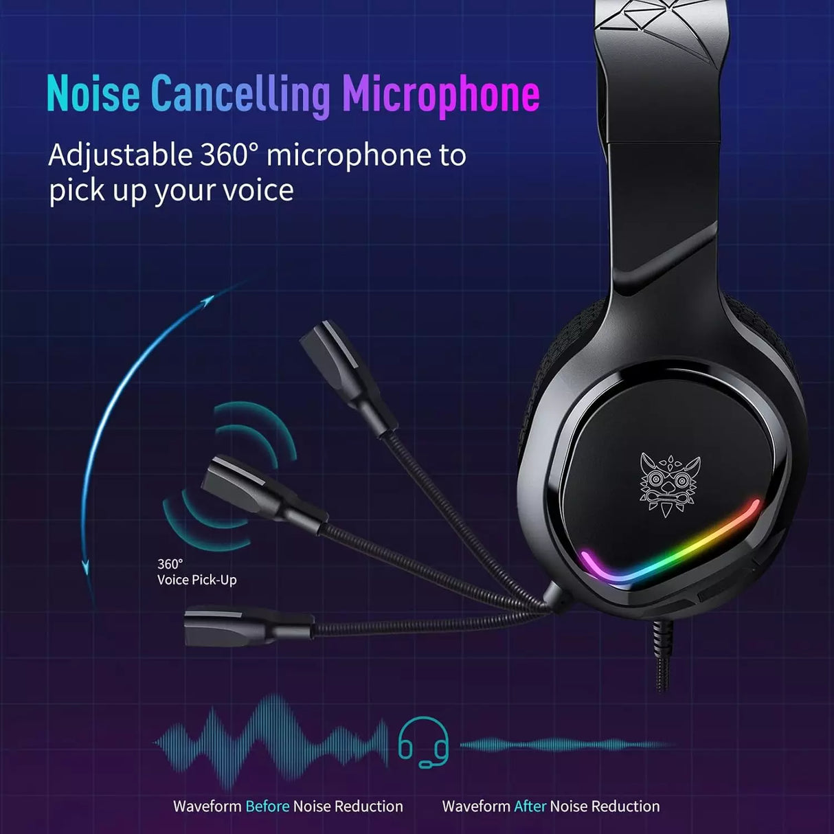 Gaming headset with noise-cancelling microphone on a dark blue background