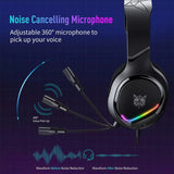 Gaming headset with noise-cancelling microphone on a dark blue background