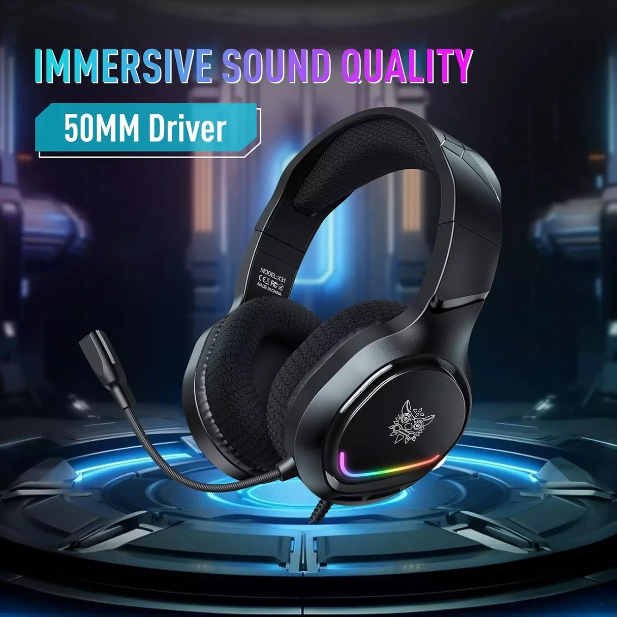 Black gaming headset with RGB lighting on a futuristic background, emphasizing immersive sound quality and 50MM driver.