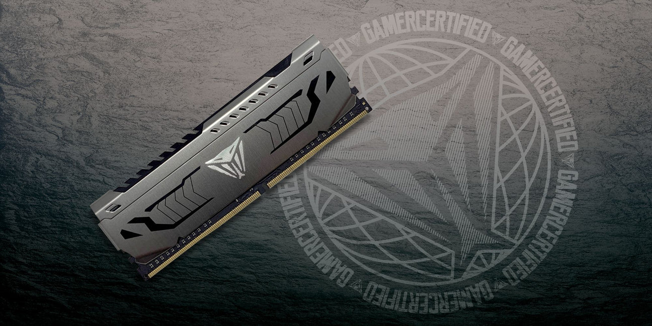 Gaming RAM module with a brand logo on a textured gray background
