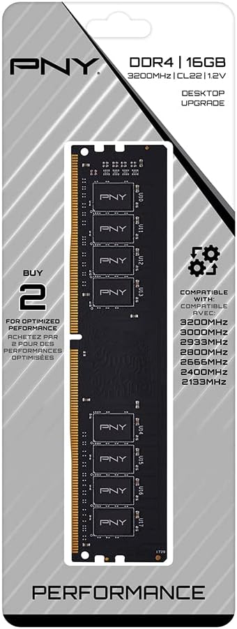 PNY DDR4 16GB RAM module packaging on a gray background
