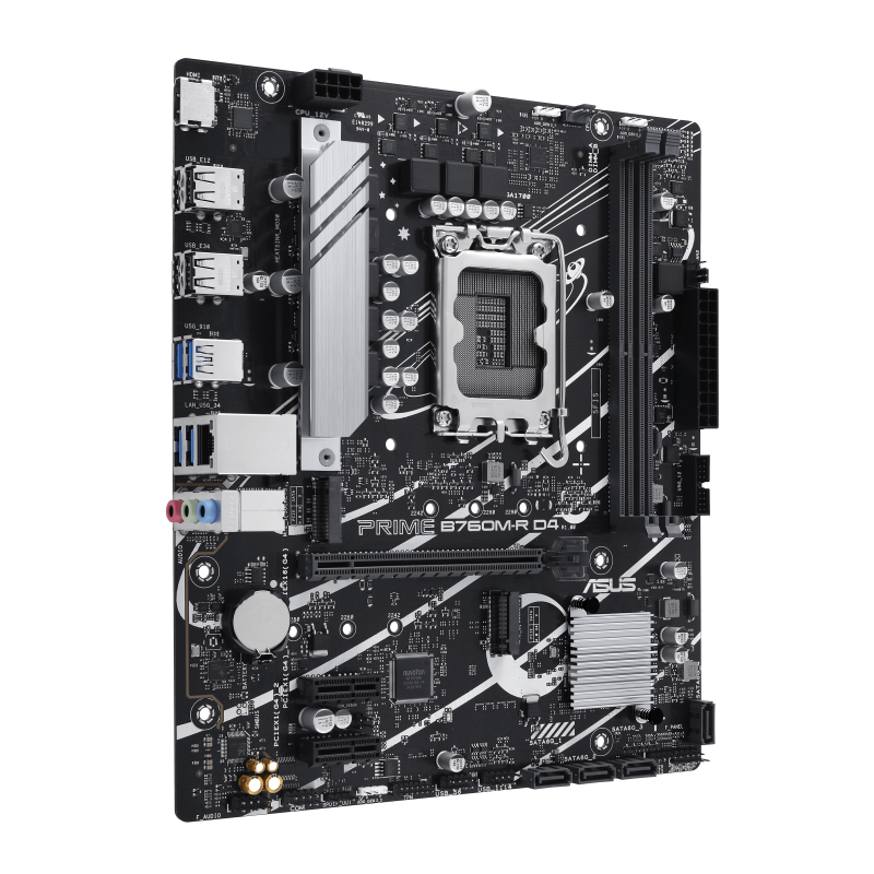 ASUS PRIME B760M-R D4 Intel B760 LGA 1700 micro-ATX motherboard with PCIe 4.0, two PCIe 4.0 M.2 slots, DDR4, Realtek 2.5Gb Ethernet HDMI SATA 6 Gbps front USB 5Gbps ports Aura Sync