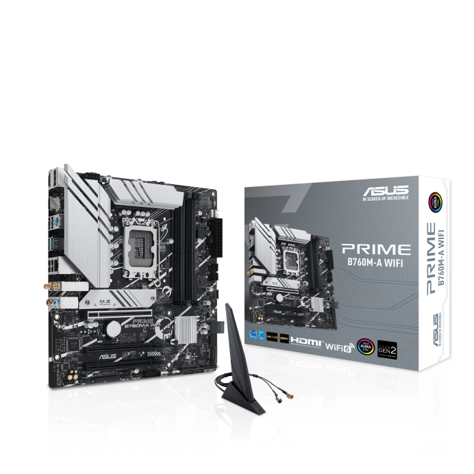 ASUS PRIME B760M-A WIFI (LGA 1700) mATX mortheboard with PCIe 4.0, DDR5, two M.2 slots, Realtek 2.5Gb Ethernet, Wi-Fi 6, DisplayPort, Dual HDMI™, SATA 6 Gbps, rear USB 3.2 Gen 2, front USB 3.2 Gen 1 Type-C®, Aura Sync