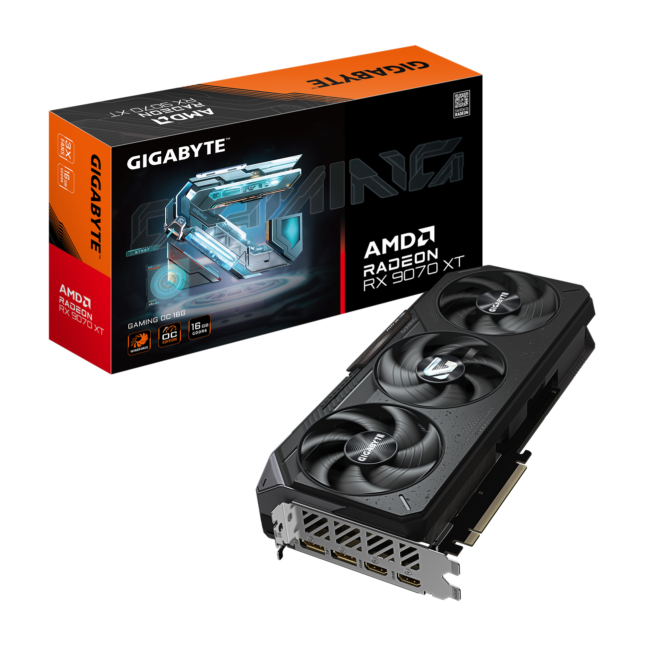 Gigabyte AMD Radeon RX 9000 XT graphics card with packaging on a white background