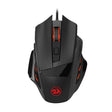 Black gaming mouse with red accents on a white background