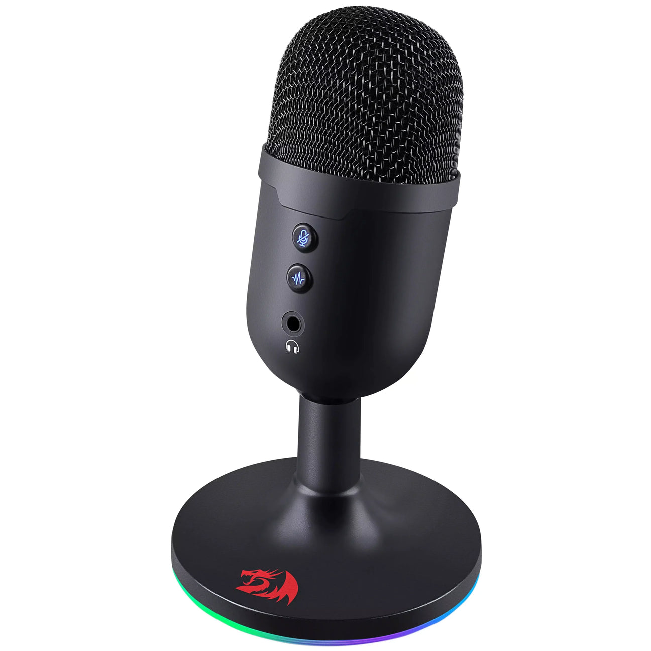 Black microphone with RGB lighting on a white background