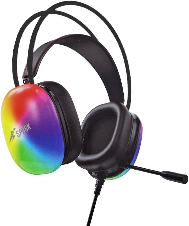 Gaming headset with rainbow ear cup and Spark logo on a white background