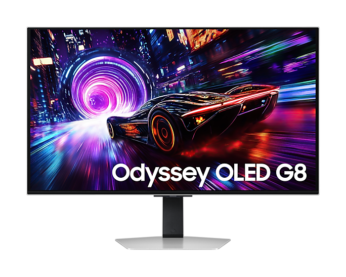 Odyssey OLED G8 monitor with a futuristic car design on the screen