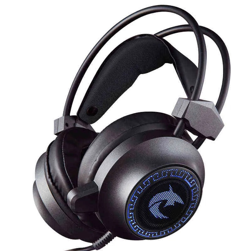 Black gaming headset with blue LED lighting on a white background