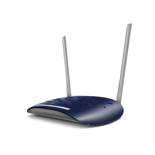 Blue and silver router with antennas on a white background