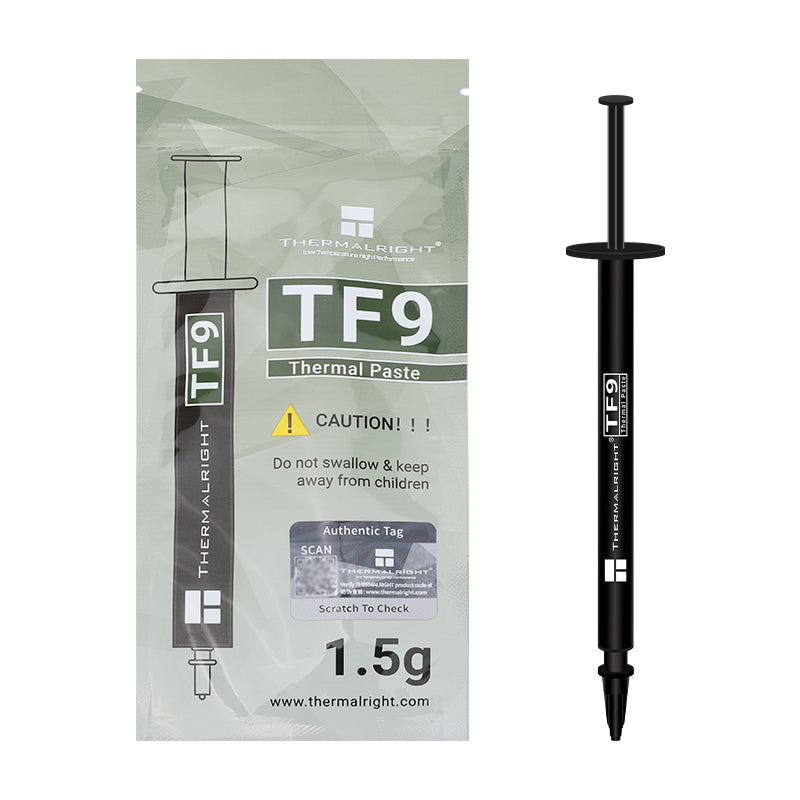 Thermalright TF9 1.5g – High-performance thermal paste with 14W/m.k conductivity, non-conductive, wide temp range (-220℃ to +380℃), and easy application.
