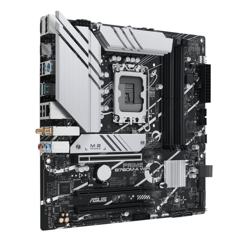 ASUS PRIME B760M-A WIFI (LGA 1700) mATX mortheboard with PCIe 4.0, DDR5, two M.2 slots, Realtek 2.5Gb Ethernet, Wi-Fi 6, DisplayPort, Dual HDMI™, SATA 6 Gbps, rear USB 3.2 Gen 2, front USB 3.2 Gen 1 Type-C®, Aura Sync