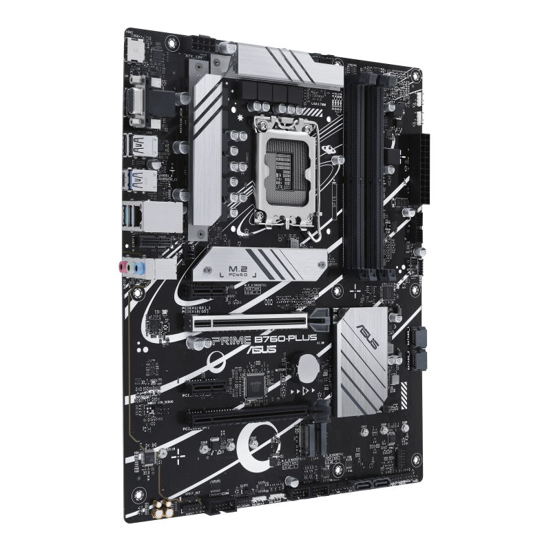 ASUS Prime B760-PLUS LGA 1700 ATX motherboard with PCIe 5.0 three PCIe 4.0 M.2 slots, DDR5, Realtek 2.5Gb Ethernet, DisplayPort, VGA, HDMI™, SATA 6 Gbps, USB 3.2 Gen 2x2 Type-C front USB 3.2 Gen 1 Type-C Thunderbolt (USB4) support Aura Sync