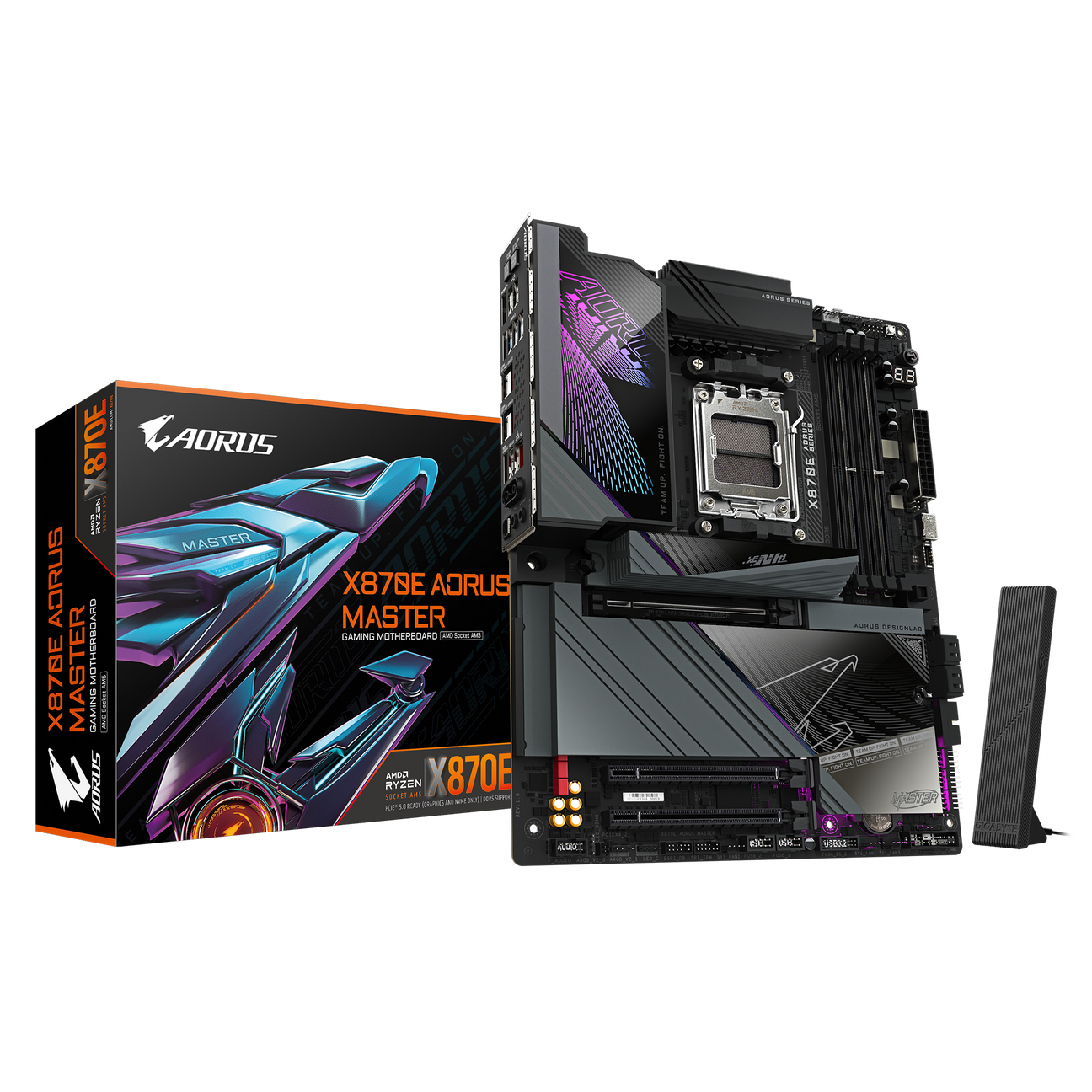 Gigabyte AORUS X370E motherboard with packaging on a white background