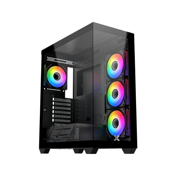 Computer case with RGB lighting on a white background
