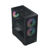 Computer case with RGB lighting on a black background