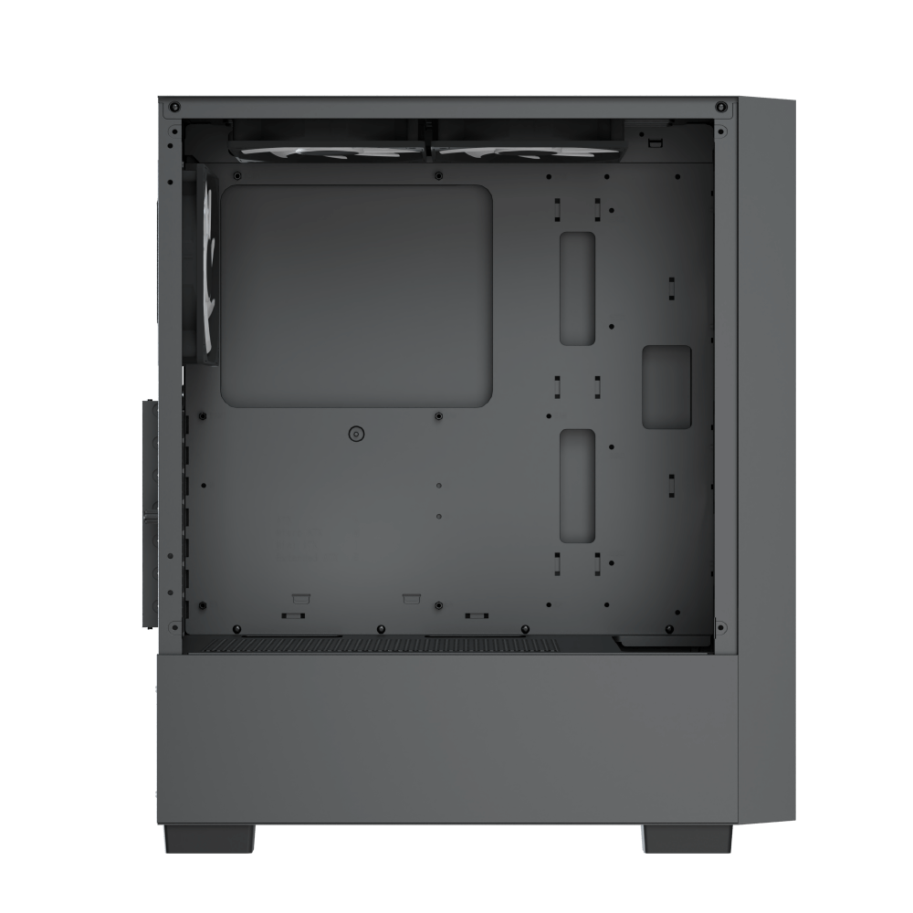 Computer case with open side panel on a white background