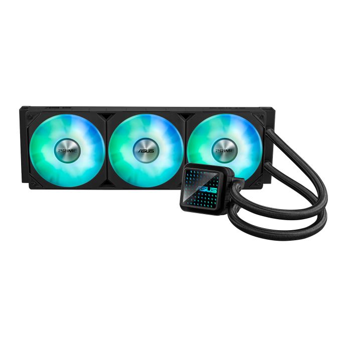 ASUS Prime LC 360 ARGB all-in-one CPU liquid cooler with specially designed CPU contact area and finned channels, water block with infinity mirror lens options pre-installed ARGB fans and Aura lighting