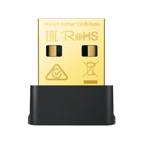 Black and gold USB adapter with 'RoHS' and certification logos on a white background