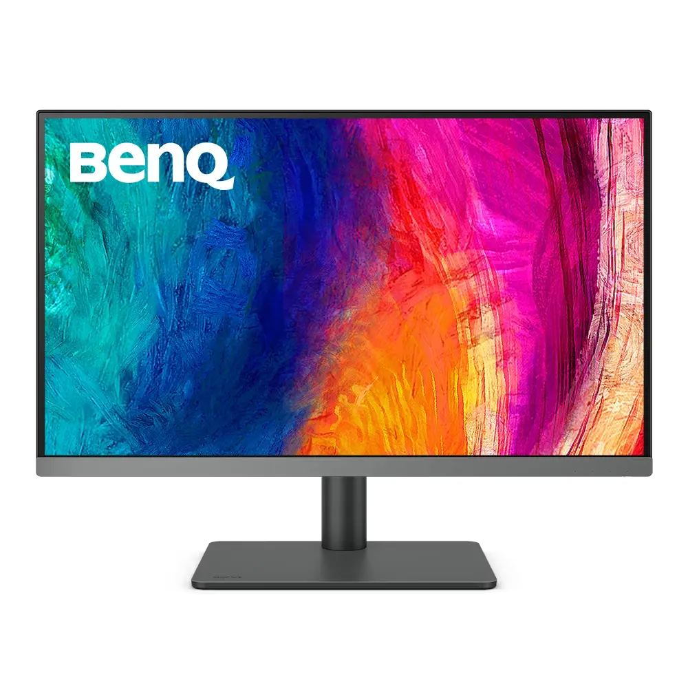 BenQ monitor with colorful abstract display on a white background