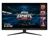 Gaming monitor with MSI Esports and NVIDIA G-SYNC branding on a blurred sports arena background.